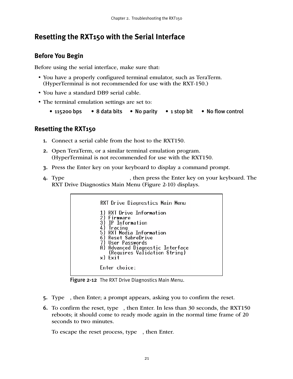 Resetting the rxt150 with the serial interface | Spectra Logic RXT150 User Manual | Page 21 / 43
