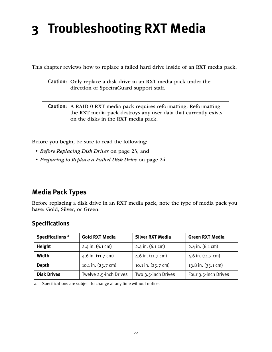 3 troubleshooting rxt media, Chapter 3. troubleshooting rxt media, Media pack types | Spectra Logic RXT150 User Manual | Page 22 / 43