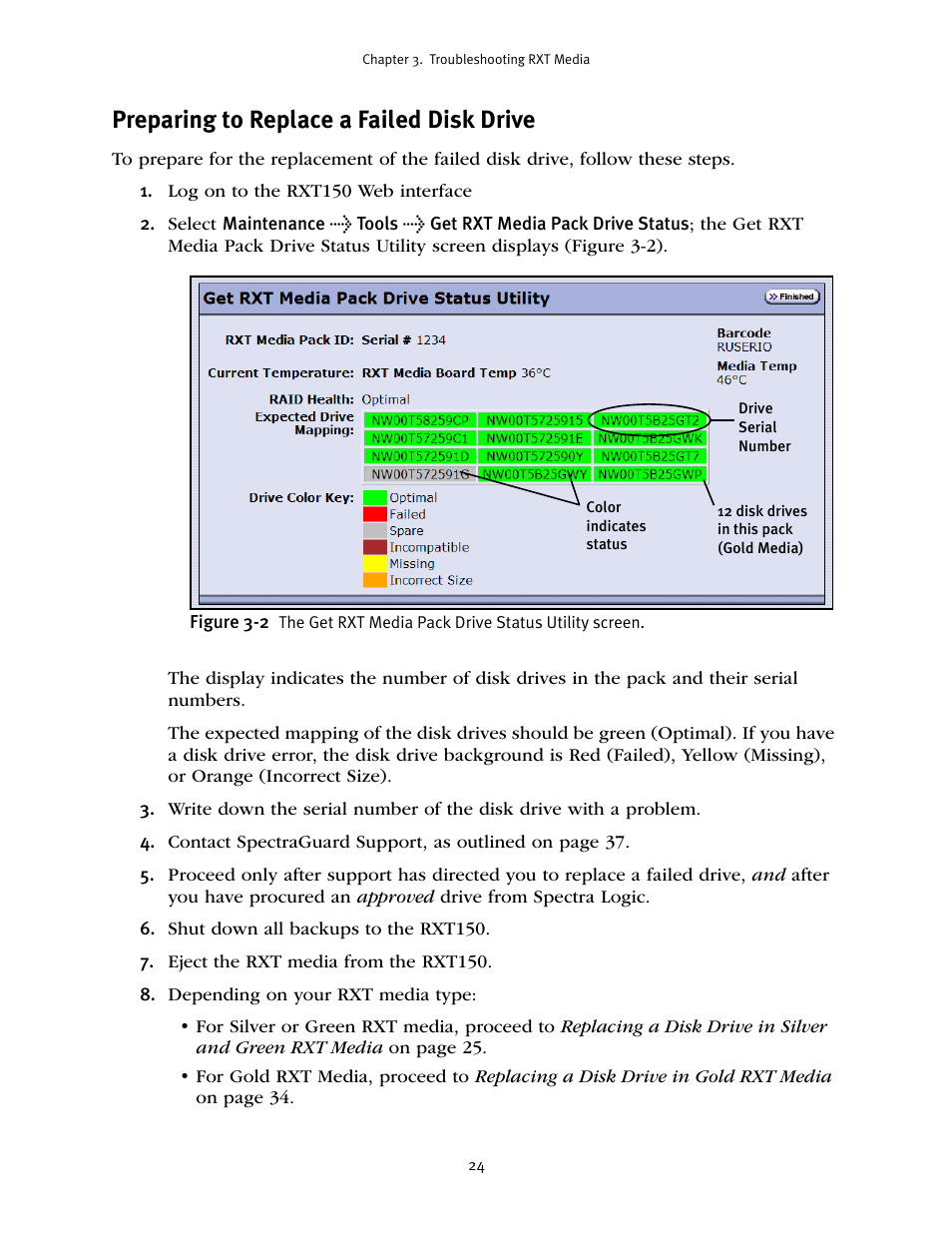 Preparing to replace a failed disk drive | Spectra Logic RXT150 User Manual | Page 24 / 43