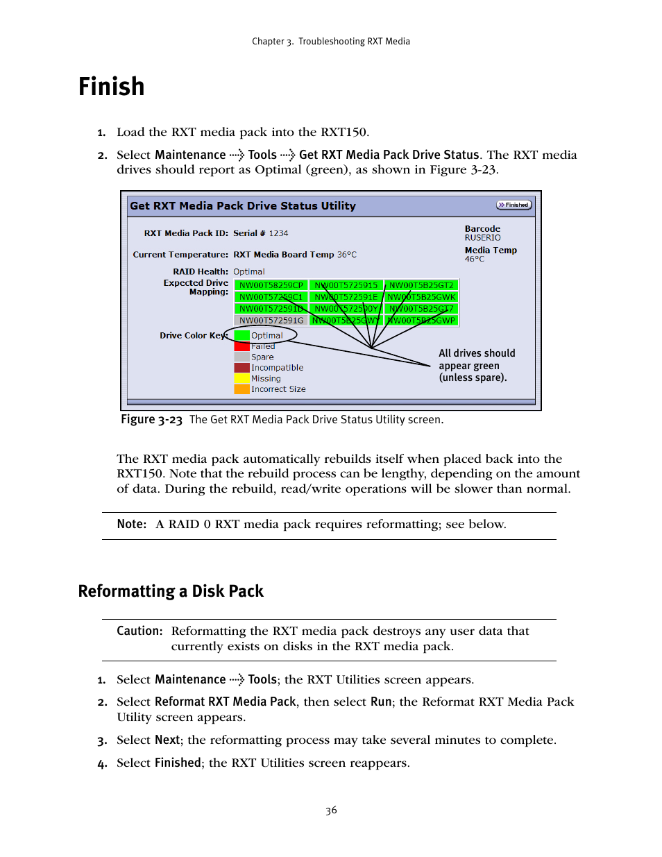 Finish, Reformatting a disk pack | Spectra Logic RXT150 User Manual | Page 36 / 43