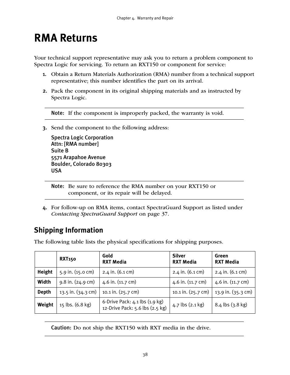 Rma returns, Shipping information | Spectra Logic RXT150 User Manual | Page 38 / 43