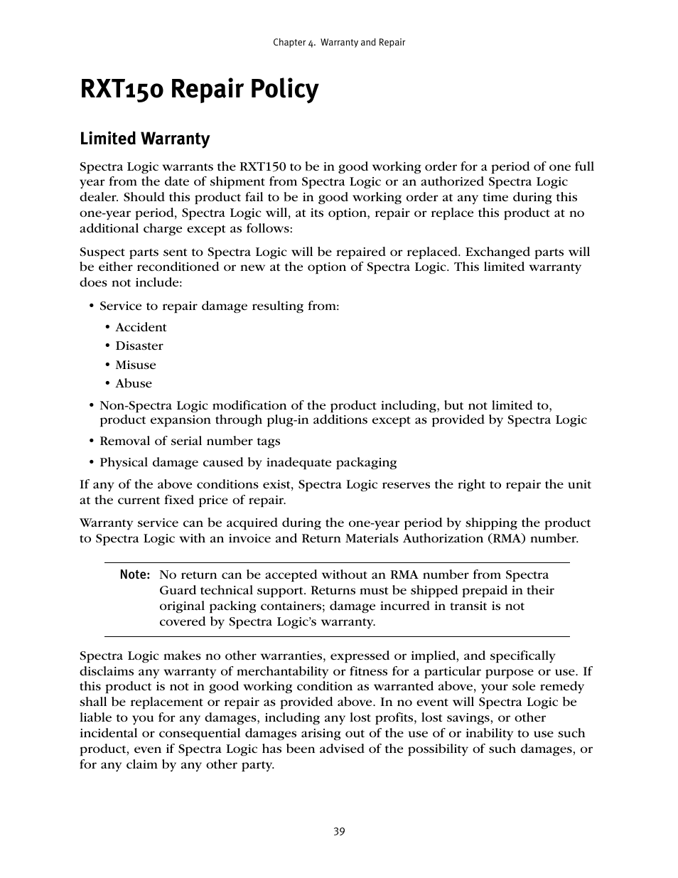 Rxt150 repair policy, Limited warranty | Spectra Logic RXT150 User Manual | Page 39 / 43