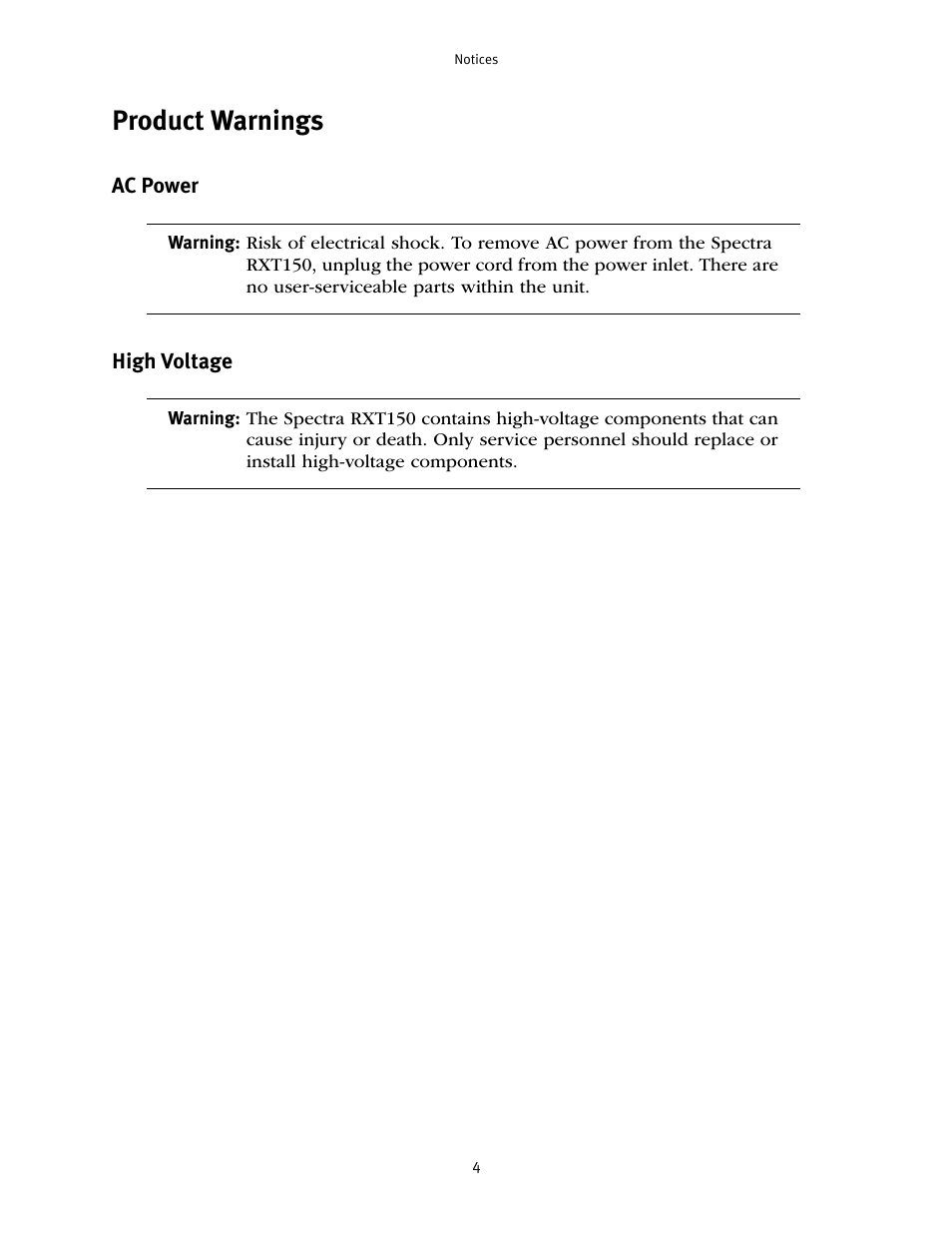 Product warnings | Spectra Logic RXT150 User Manual | Page 4 / 43