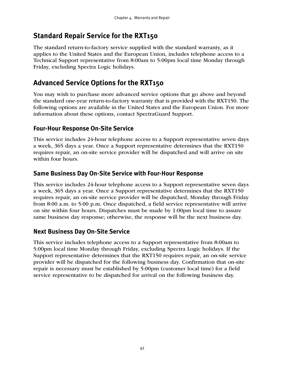 Standard repair service for the rxt150, Advanced service options for the rxt150 | Spectra Logic RXT150 User Manual | Page 41 / 43
