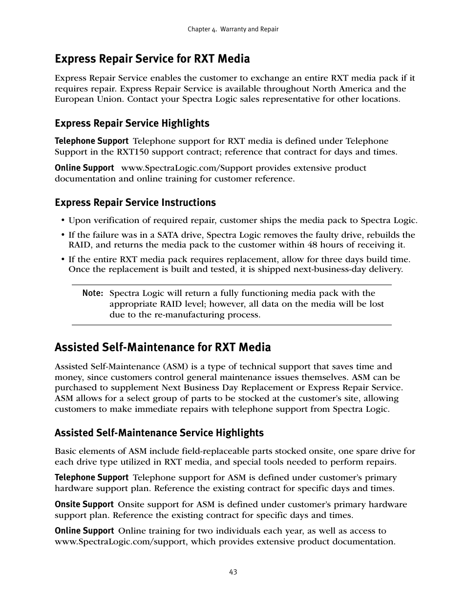 Express repair service for rxt media, Assisted self-maintenance for rxt media | Spectra Logic RXT150 User Manual | Page 43 / 43
