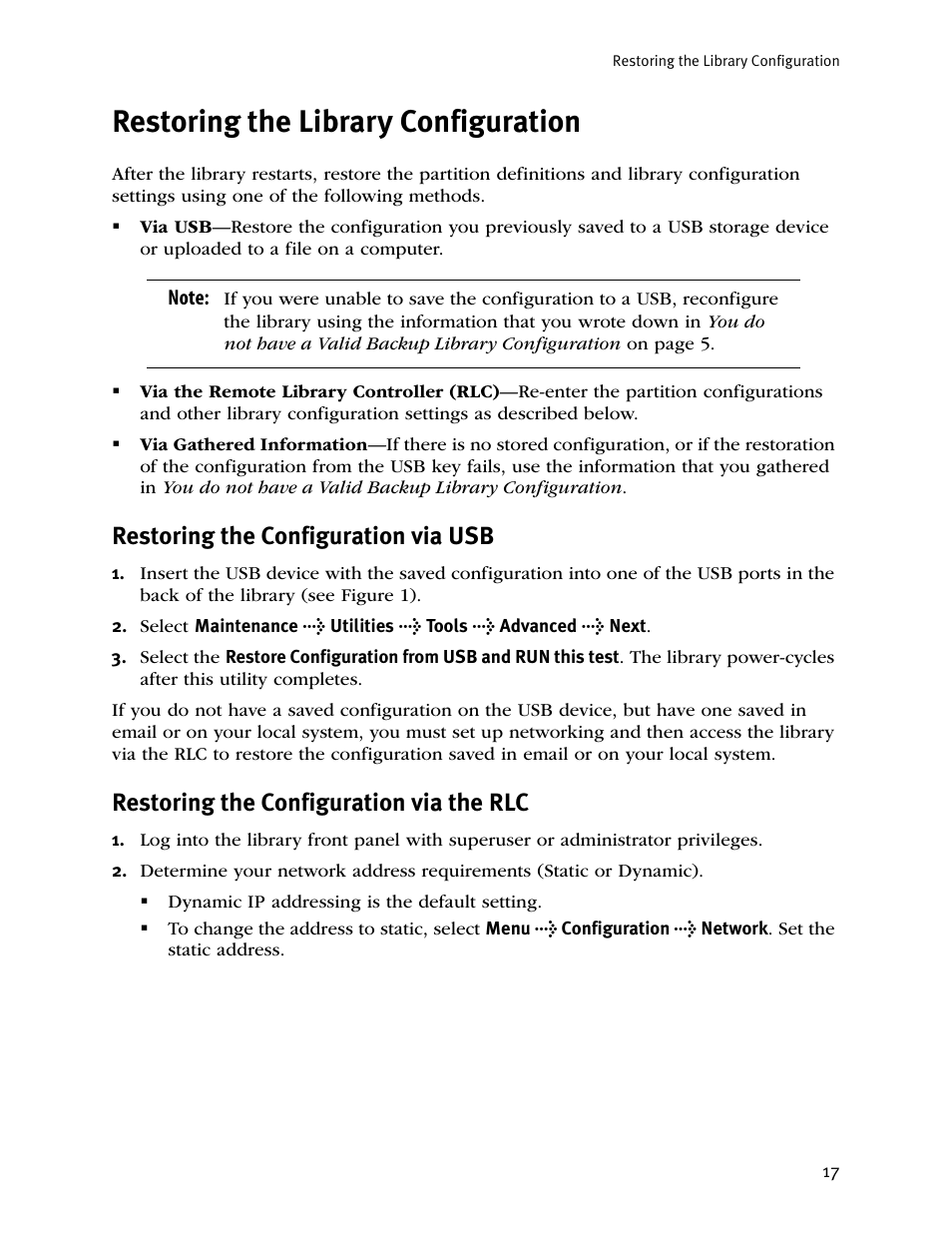 Restoring the library configuration, Restoring the configuration via usb, Restoring the configuration via the rlc | Spectra Logic T50E User Manual | Page 17 / 20