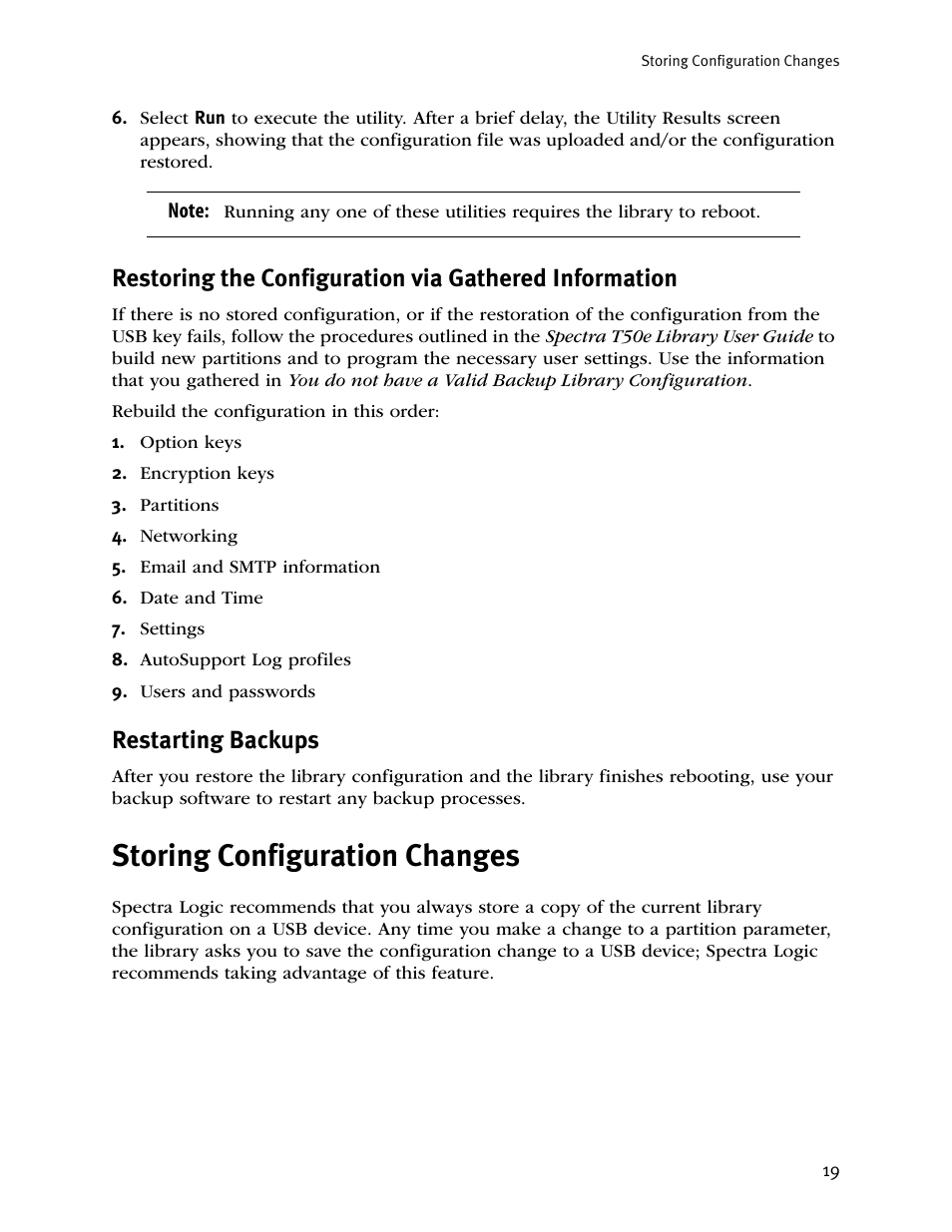 Restarting backups, Storing configuration changes | Spectra Logic T50E User Manual | Page 19 / 20