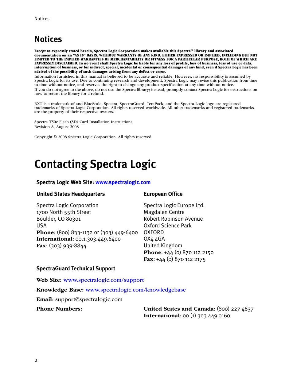 Contacting spectra logic, Notices | Spectra Logic T50E User Manual | Page 2 / 20