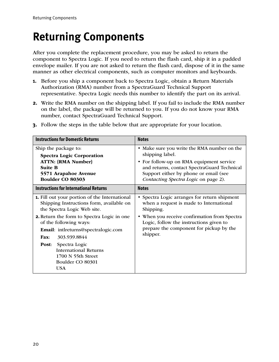 Returning components | Spectra Logic T50E User Manual | Page 20 / 20