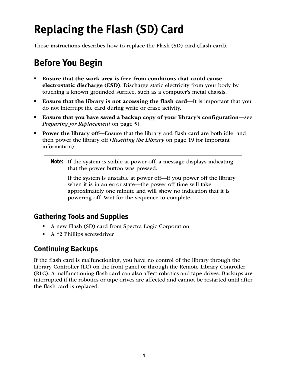 Replacing the flash (sd) card, Before you begin, Gathering tools and supplies | Continuing backups | Spectra Logic T50E User Manual | Page 4 / 20