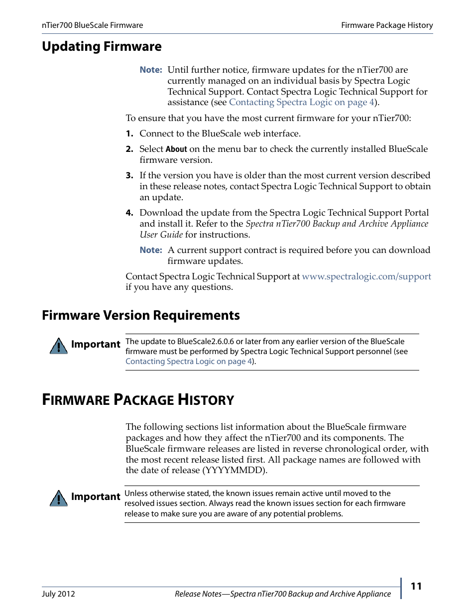 Updating firmware, Firmware version requirements, Firmware package history | Irmware, Ackage, Istory | Spectra Logic NTIER700 User Manual | Page 11 / 28