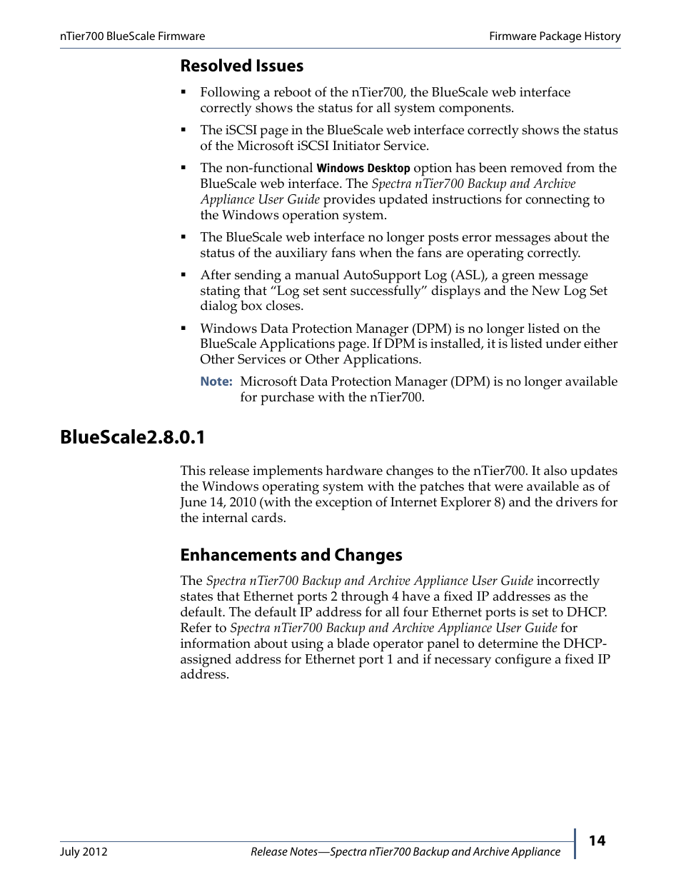 Bluescale2.8.0.1, Resolved issues, Enhancements and changes | Spectra Logic NTIER700 User Manual | Page 14 / 28