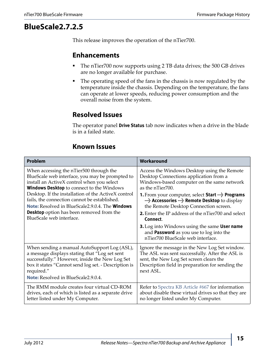 Bluescale2.7.2.5, Enhancements, Resolved issues | Known issues | Spectra Logic NTIER700 User Manual | Page 15 / 28