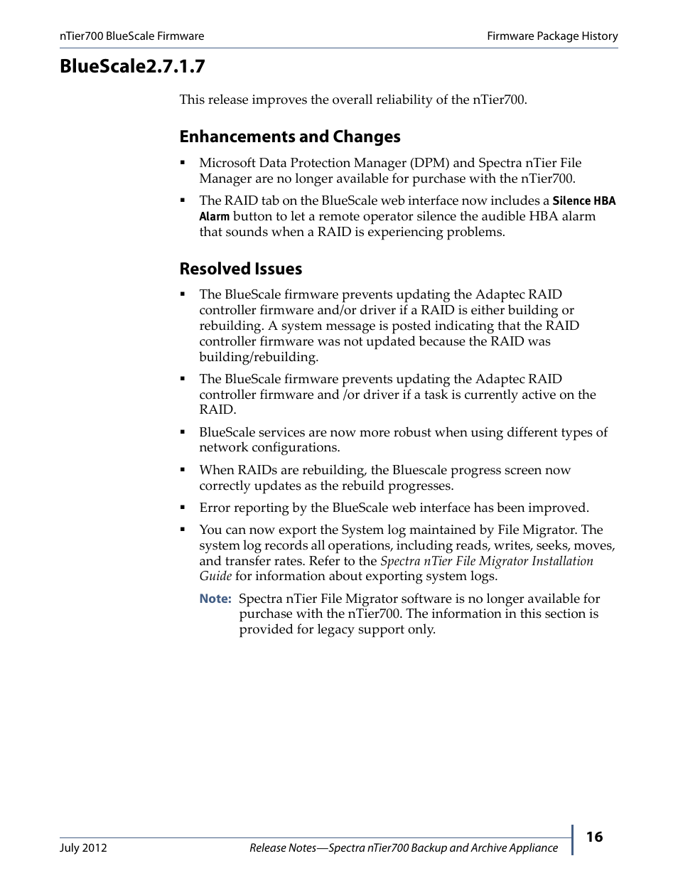Bluescale2.7.1.7, Enhancements and changes, Resolved issues | Spectra Logic NTIER700 User Manual | Page 16 / 28