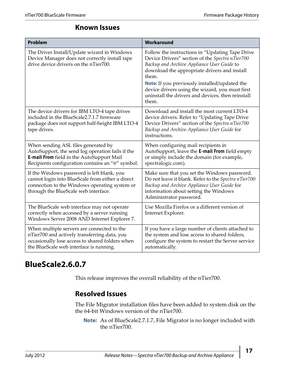 Bluescale2.6.0.7, Known issues, Resolved issues | Spectra Logic NTIER700 User Manual | Page 17 / 28