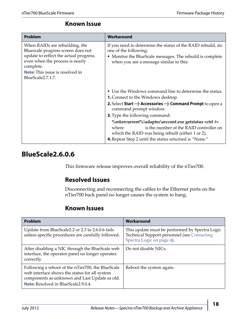 Bluescale2.6.0.6, Known issue, Resolved issues | Known issues | Spectra Logic NTIER700 User Manual | Page 18 / 28