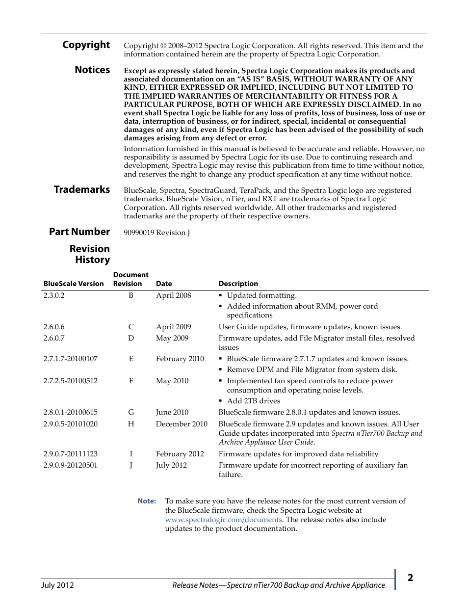 2copyright, Notices, Trademarks | Part number, Revision history | Spectra Logic NTIER700 User Manual | Page 2 / 28