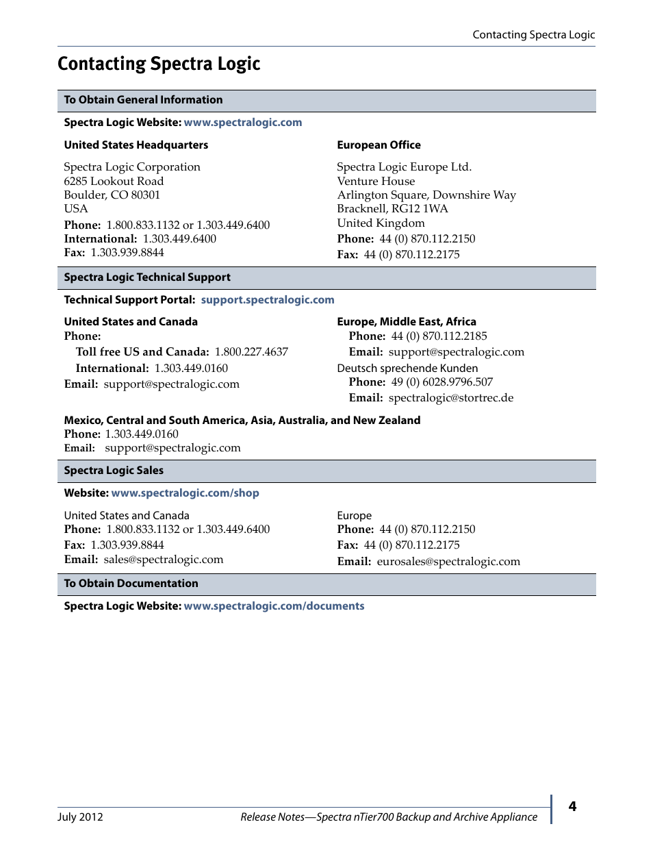 Contacting spectra logic | Spectra Logic NTIER700 User Manual | Page 4 / 28