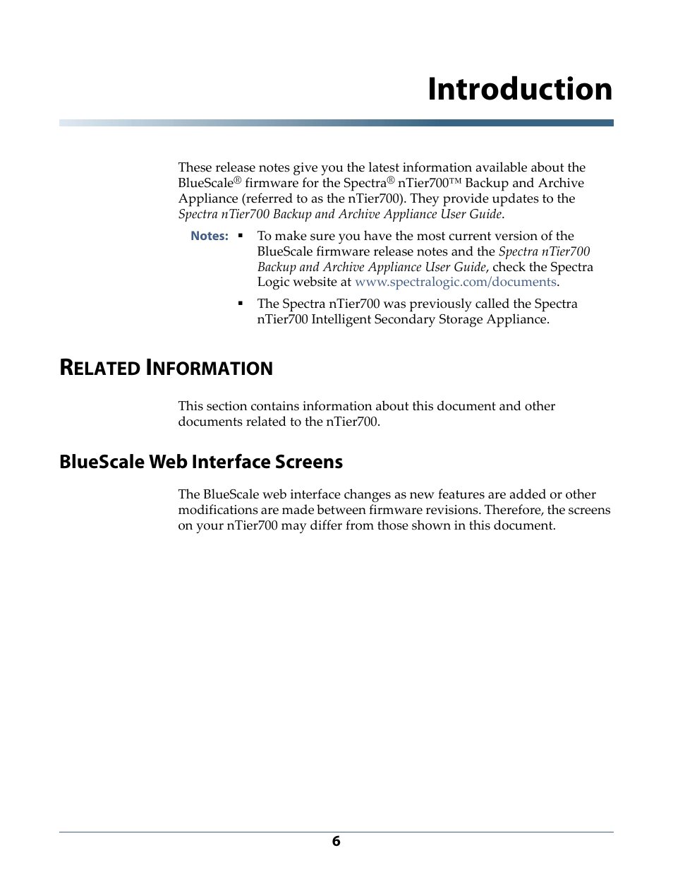 Introduction, Related information, Bluescale web interface screens | Introduction 6, Elated, Nformation | Spectra Logic NTIER700 User Manual | Page 6 / 28