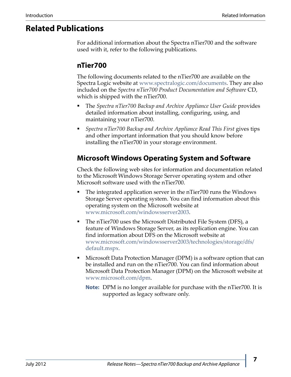 Related publications, Ntier700, Microsoft windows operating system and software | Spectra Logic NTIER700 User Manual | Page 7 / 28