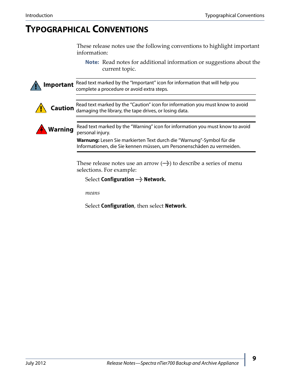 Typographical conventions, Ypographical, Onventions | Spectra Logic NTIER700 User Manual | Page 9 / 28