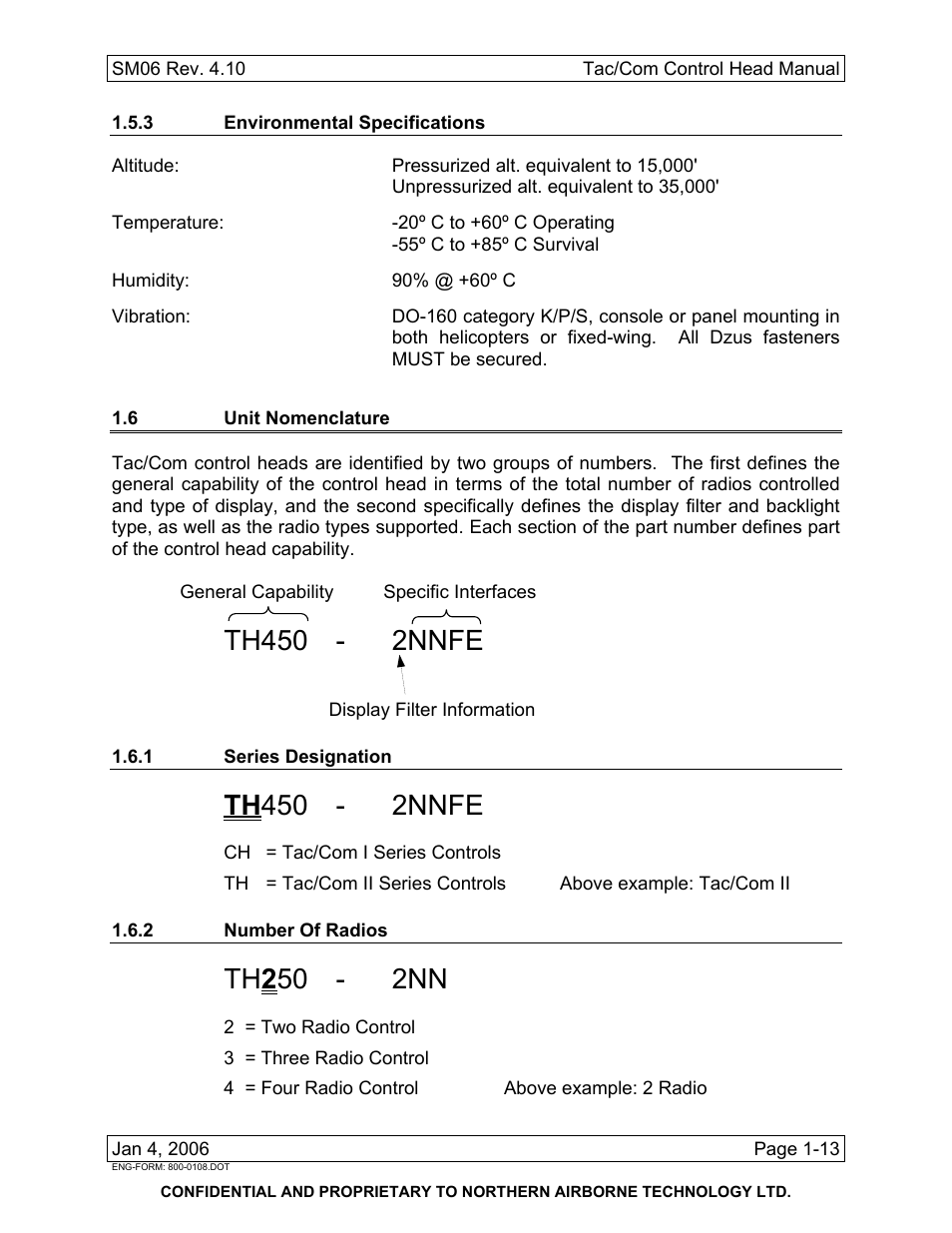 3 environmental specifications, 6 unit nomenclature, 1 series designation | 2 number of radios, Th450 - 2nnfe, Th 450 - 2nnfe, Th 2 50 - 2nn | Spectra Logic TAC/COM SERIES User Manual | Page 21 / 107
