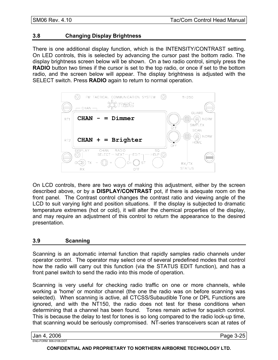8 changing display brightness, 9 scanning, Chan - = dimmer chan + = brighter | Spectra Logic TAC/COM SERIES User Manual | Page 99 / 107