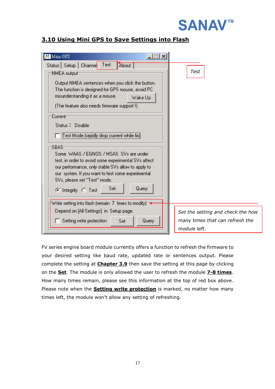 10 using mini gps to save settings into flash | San Jose Navigation SANAV FV-M7 User Manual | Page 17 / 26