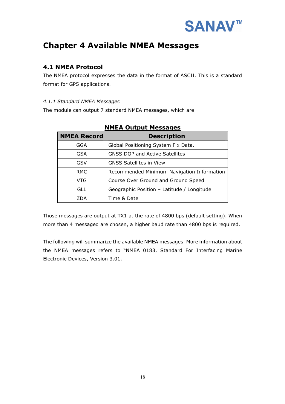 Chapter 4 available nmea messages | San Jose Navigation SANAV FV-M7 User Manual | Page 18 / 26