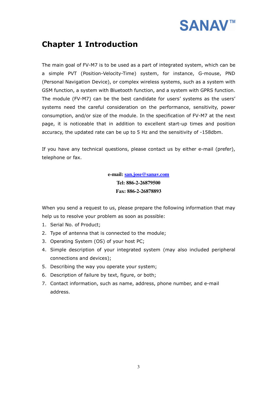 Chapter 1 introduction | San Jose Navigation SANAV FV-M7 User Manual | Page 3 / 26