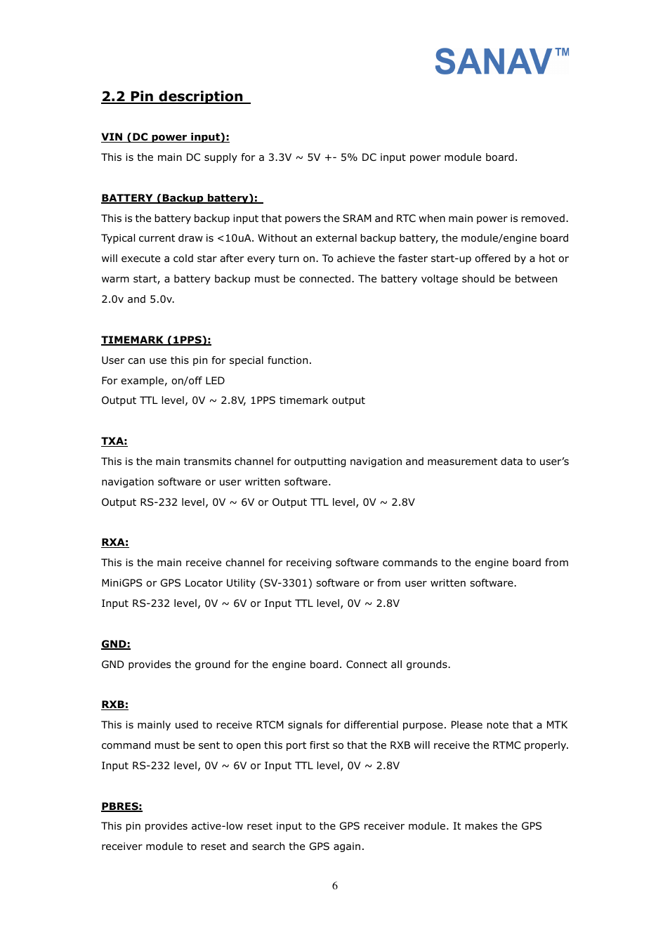 2 pin description | San Jose Navigation SANAV FV-M7 User Manual | Page 6 / 26