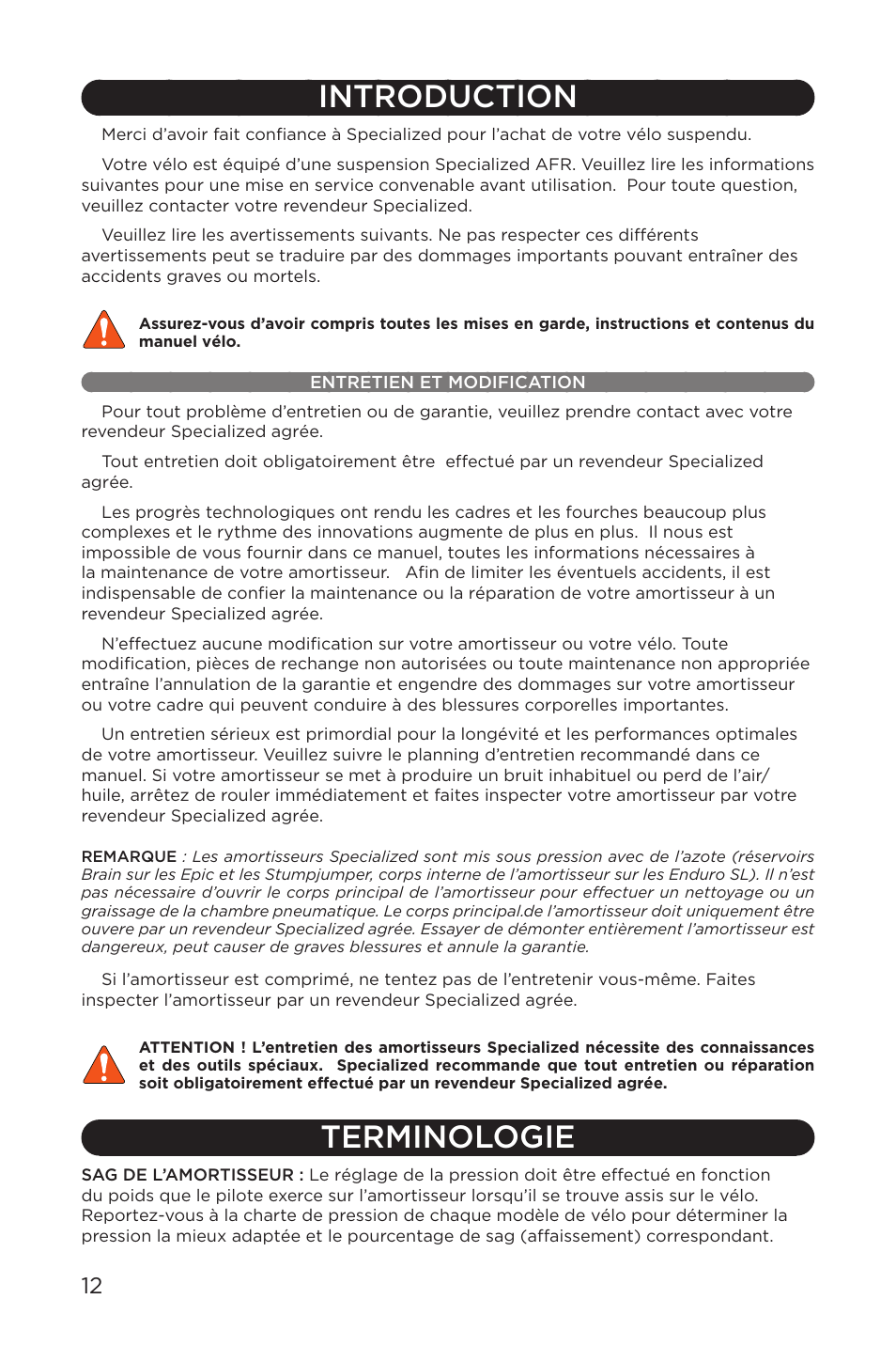 Introduction, Entretien et modification, Terminologie | Specialized AFR Rear Shock ENDURO SL User Manual | Page 12 / 72