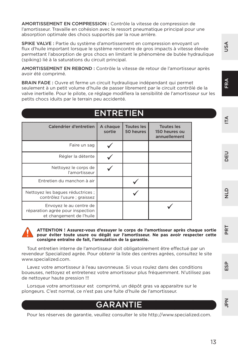 Entretien, Garantie | Specialized AFR Rear Shock ENDURO SL User Manual | Page 13 / 72