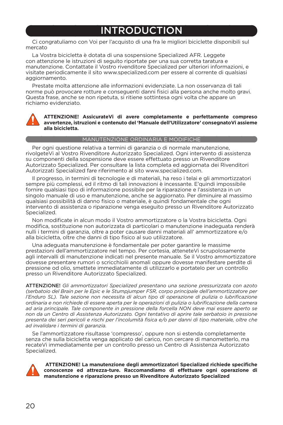 Introduction, Manutenzione ordinaria e modifiche | Specialized AFR Rear Shock ENDURO SL User Manual | Page 20 / 72