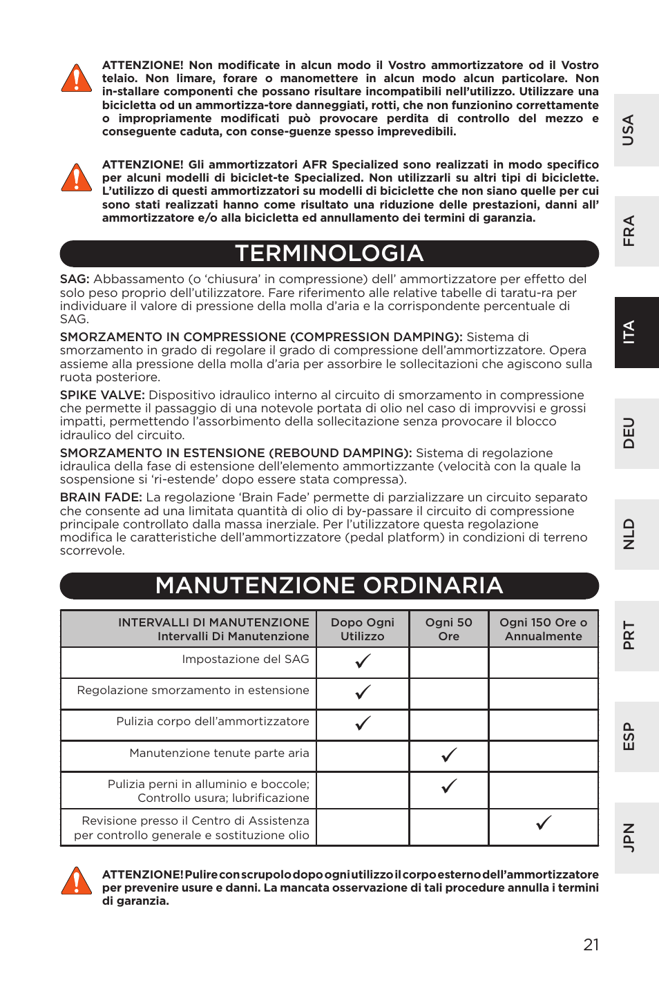 Terminologia, Manutenzione ordinaria | Specialized AFR Rear Shock ENDURO SL User Manual | Page 21 / 72