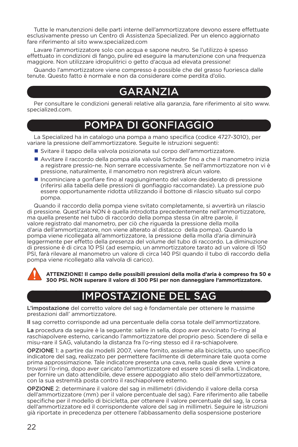 Garanzia, Pompa di gonfiaggio, Impostazione del sag | Specialized AFR Rear Shock ENDURO SL User Manual | Page 22 / 72