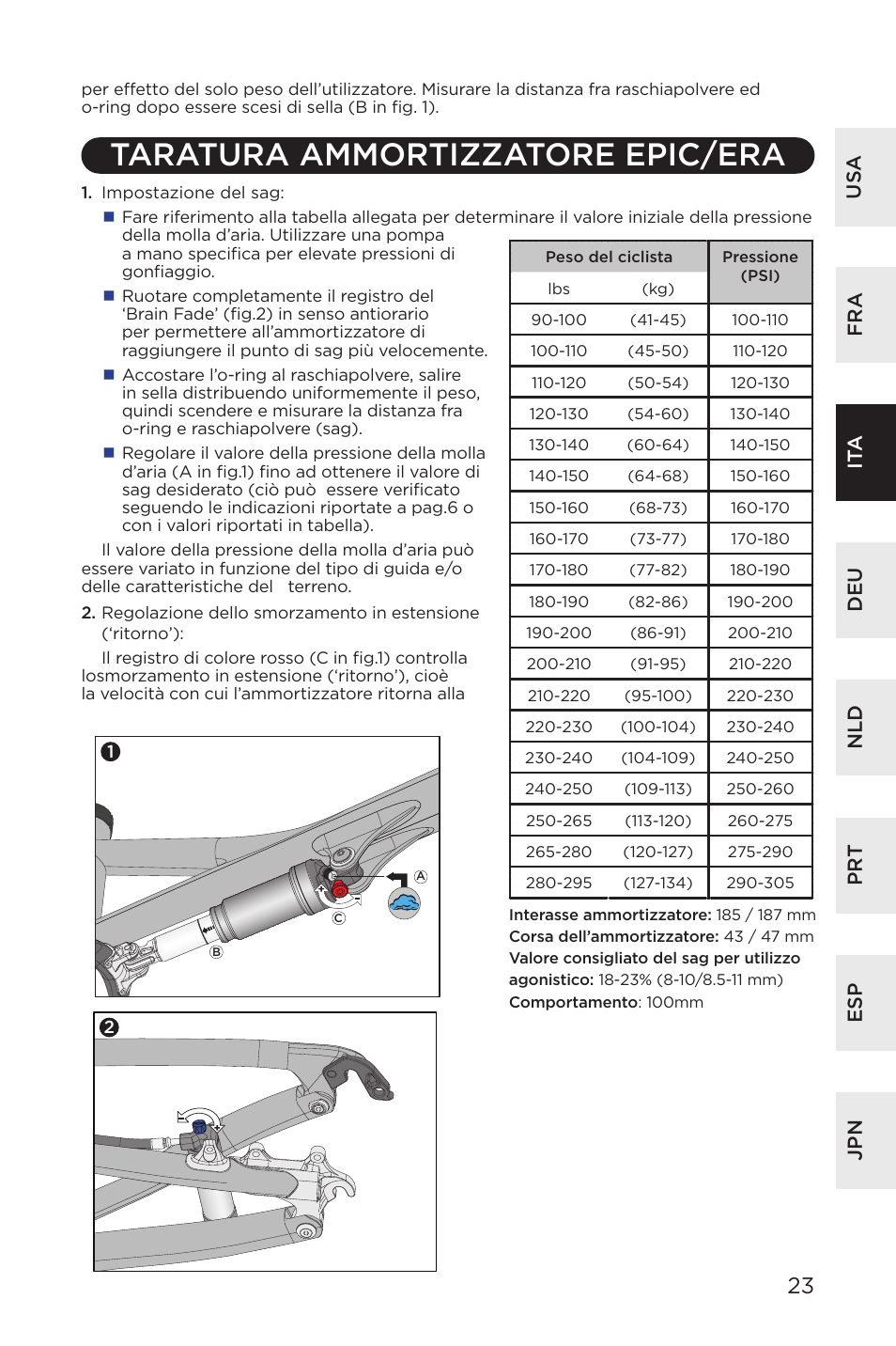 Taratura ammortizzatore epic/era, Us a fra deu esp it a nld pr t jpn | Specialized AFR Rear Shock ENDURO SL User Manual | Page 23 / 72