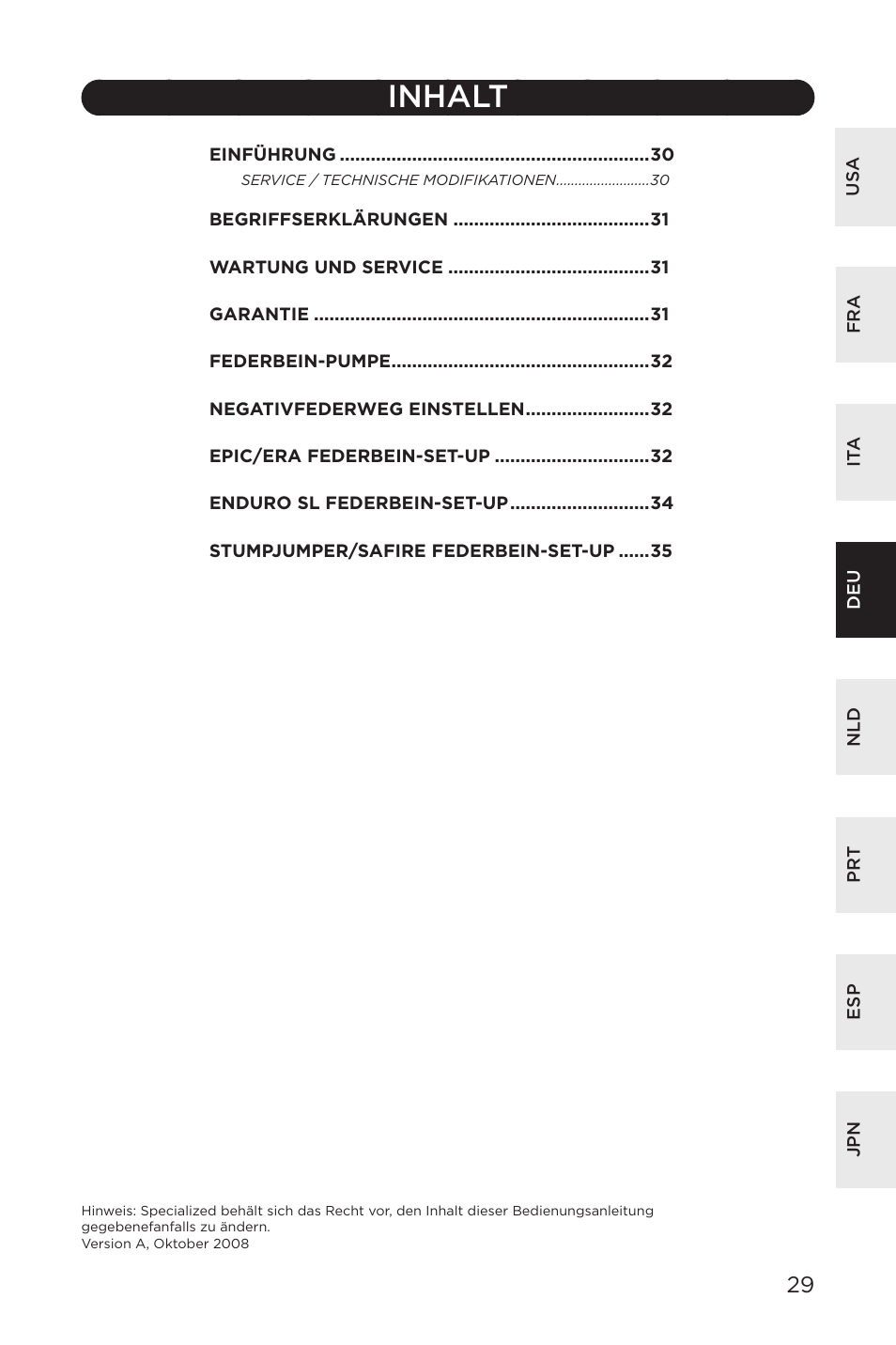 Inhalt | Specialized AFR Rear Shock ENDURO SL User Manual | Page 29 / 72