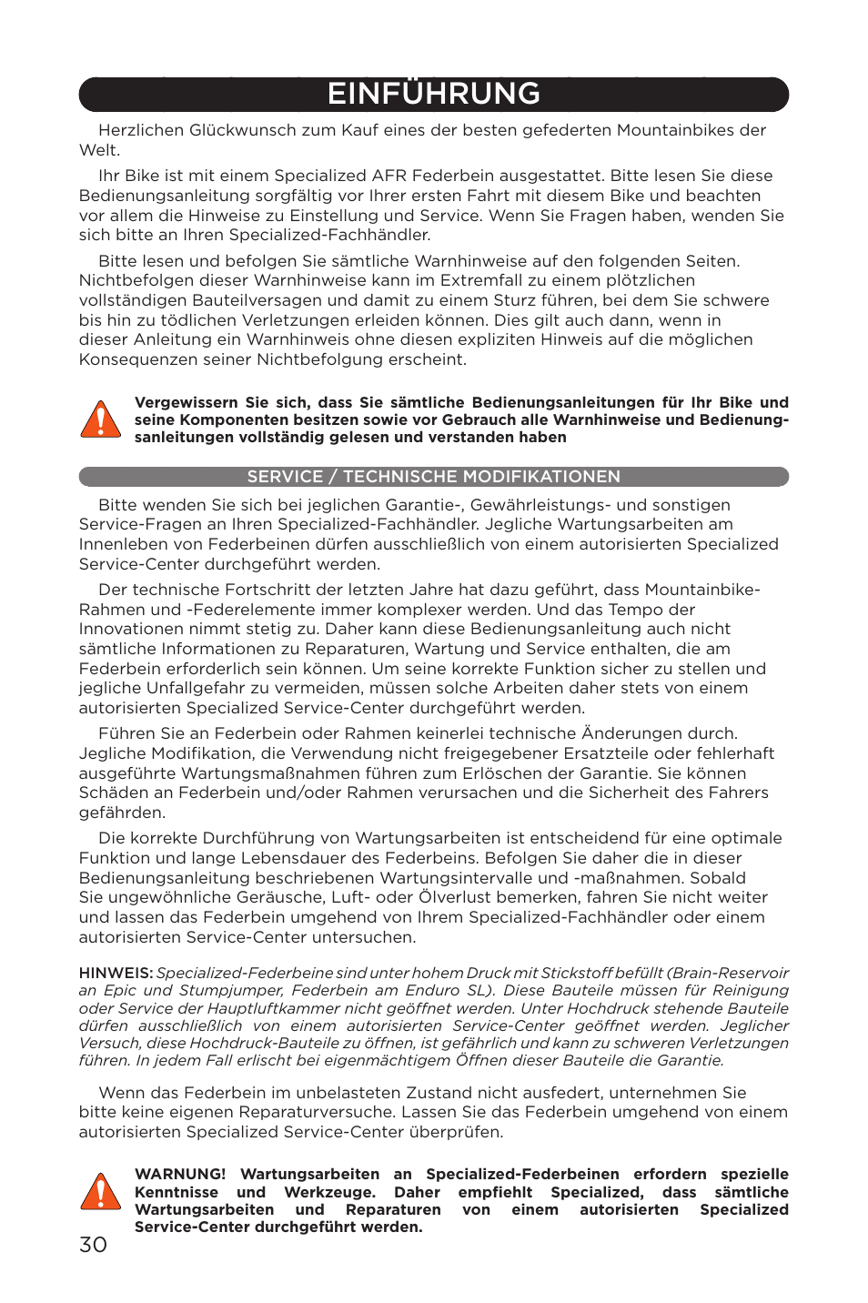 Einführung, Service / technische modifikationen | Specialized AFR Rear Shock ENDURO SL User Manual | Page 30 / 72