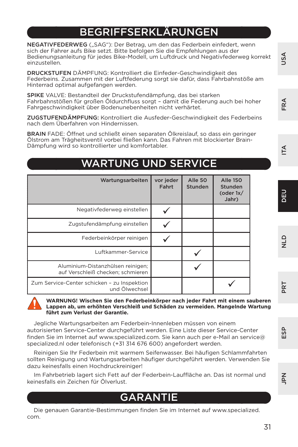 Begriffserklärungen, Wartung und service, Garantie | Specialized AFR Rear Shock ENDURO SL User Manual | Page 31 / 72