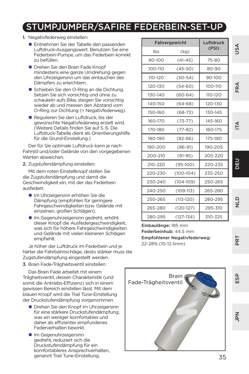 Stumpjumper/safire federbein-set-up | Specialized AFR Rear Shock ENDURO SL User Manual | Page 35 / 72