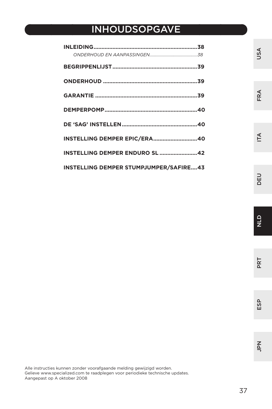 Inhoudsopgave | Specialized AFR Rear Shock ENDURO SL User Manual | Page 37 / 72