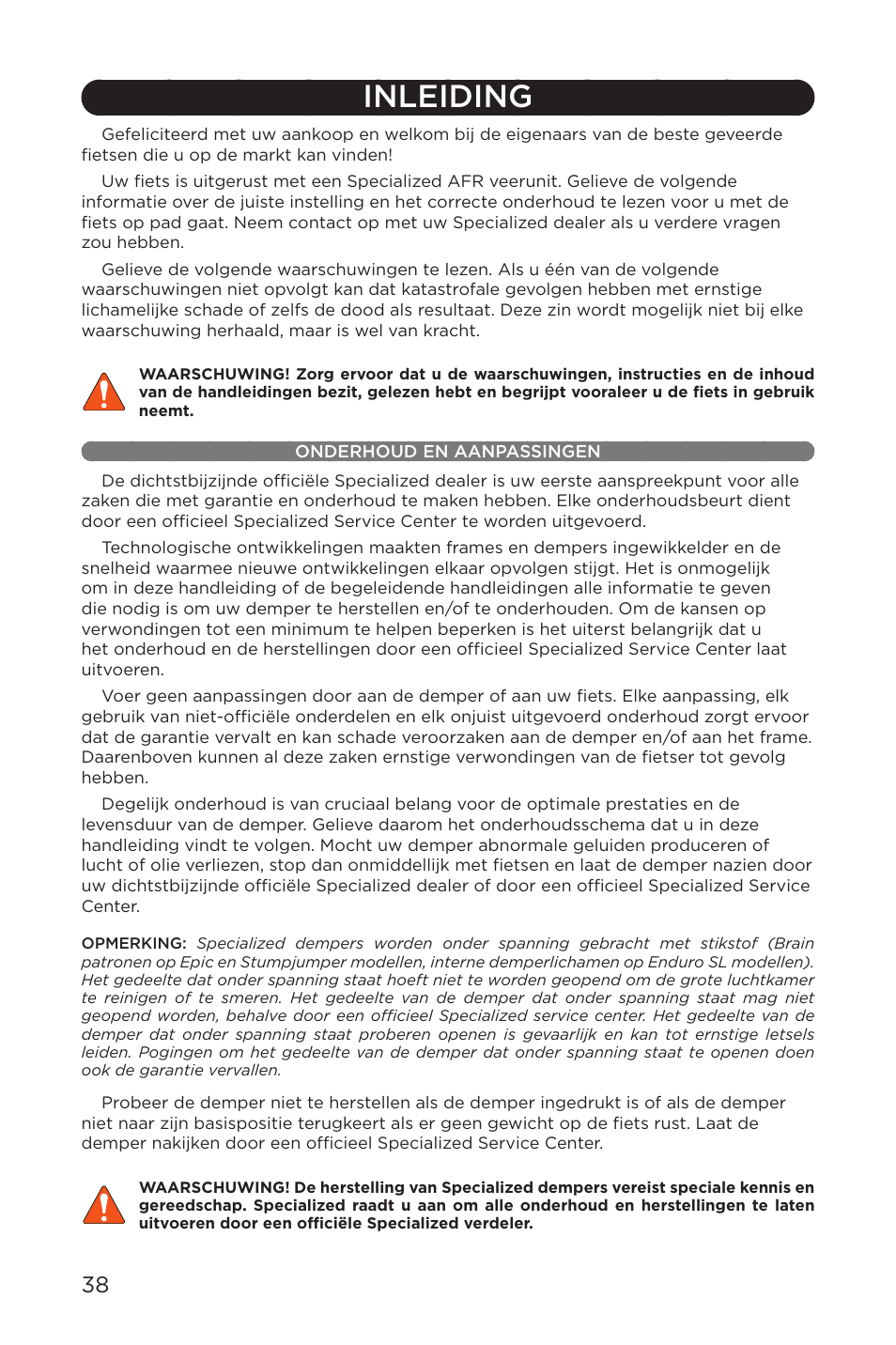 Inleiding, Onderhoud en aanpassingen | Specialized AFR Rear Shock ENDURO SL User Manual | Page 38 / 72