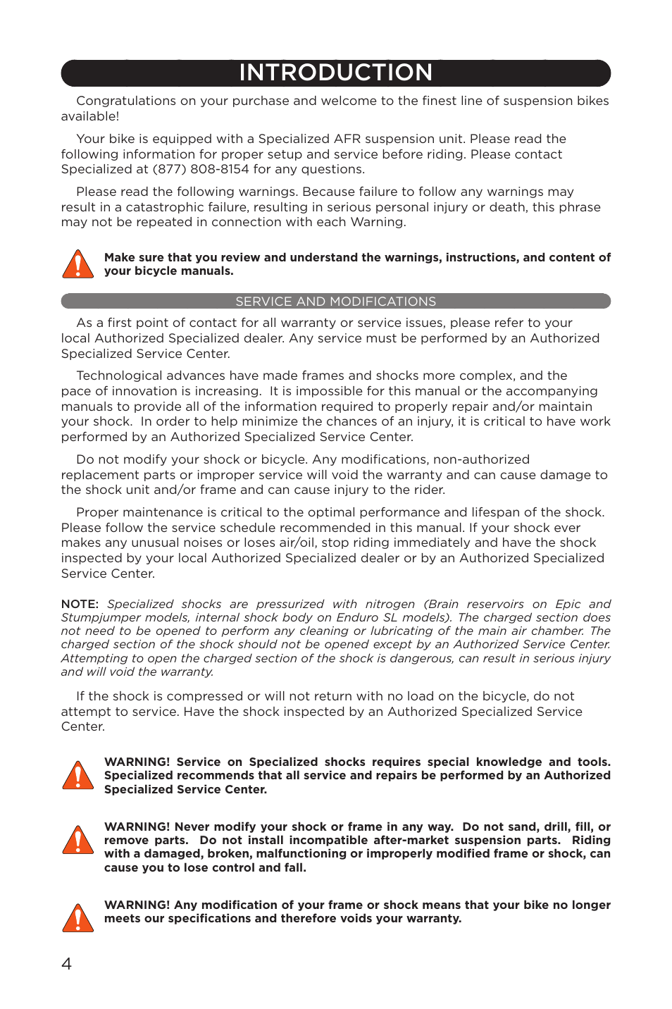 Introduction, Service and modifications | Specialized AFR Rear Shock ENDURO SL User Manual | Page 4 / 72