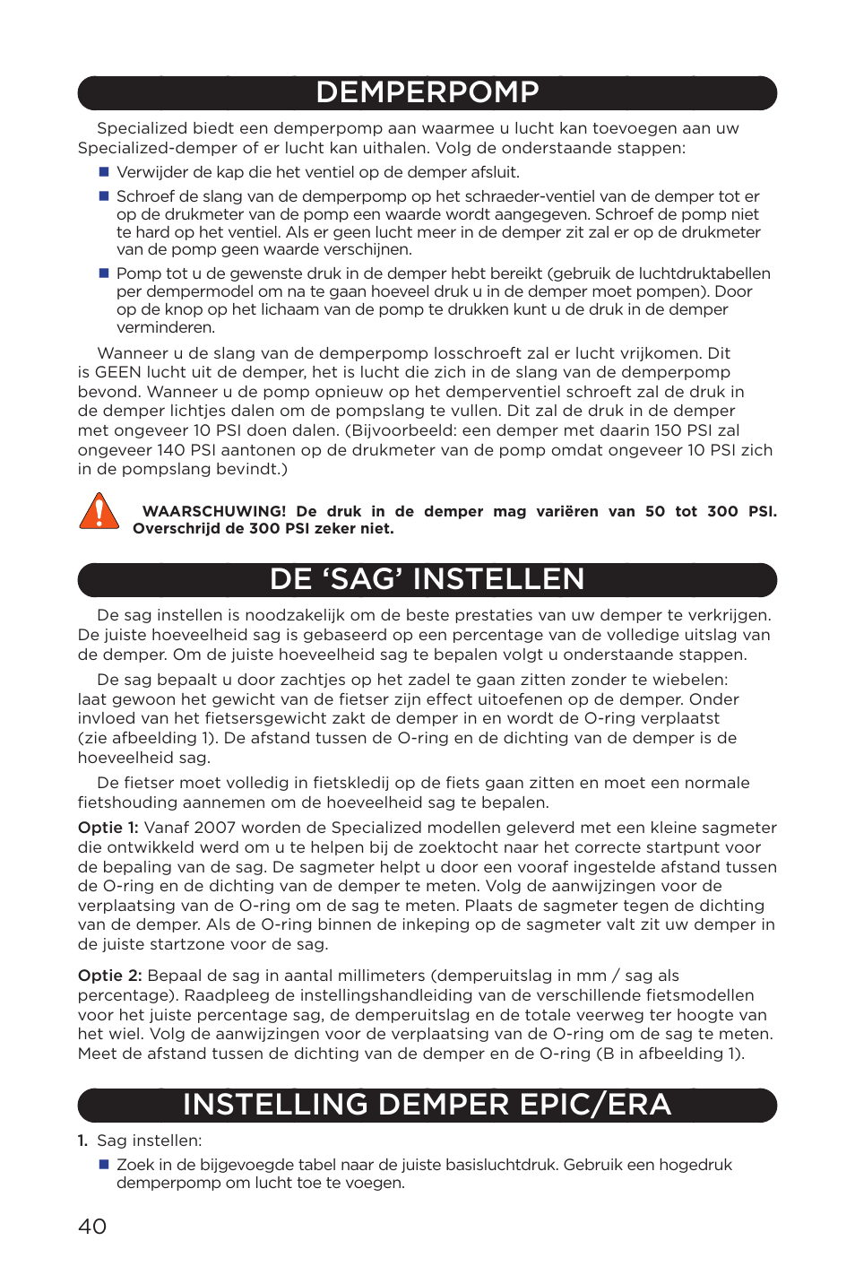 Demperpomp, De ‘sag’ instellen, Instelling demper epic/era | Specialized AFR Rear Shock ENDURO SL User Manual | Page 40 / 72