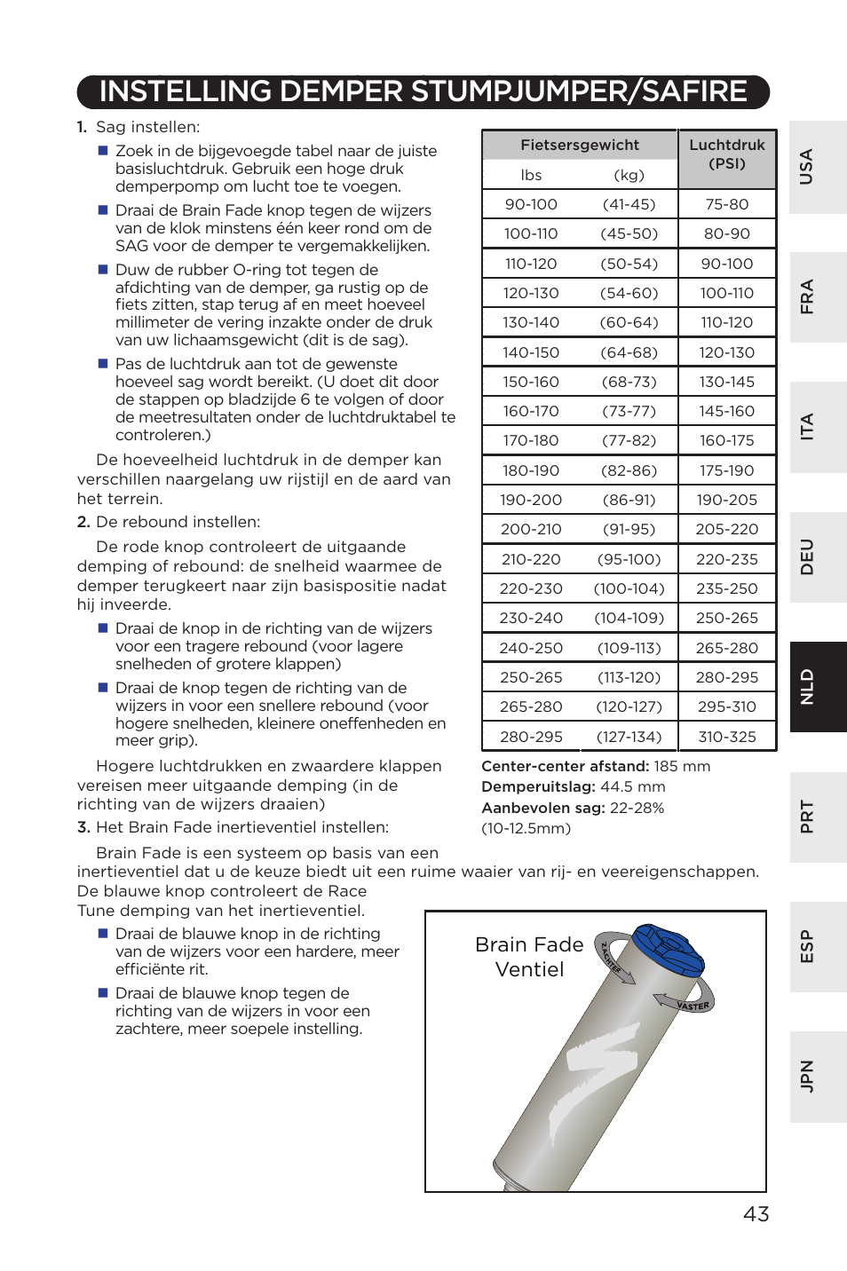 Instelling demper stumpjumper/safire, 0`ow\4ors ds\bwsz | Specialized AFR Rear Shock ENDURO SL User Manual | Page 43 / 72