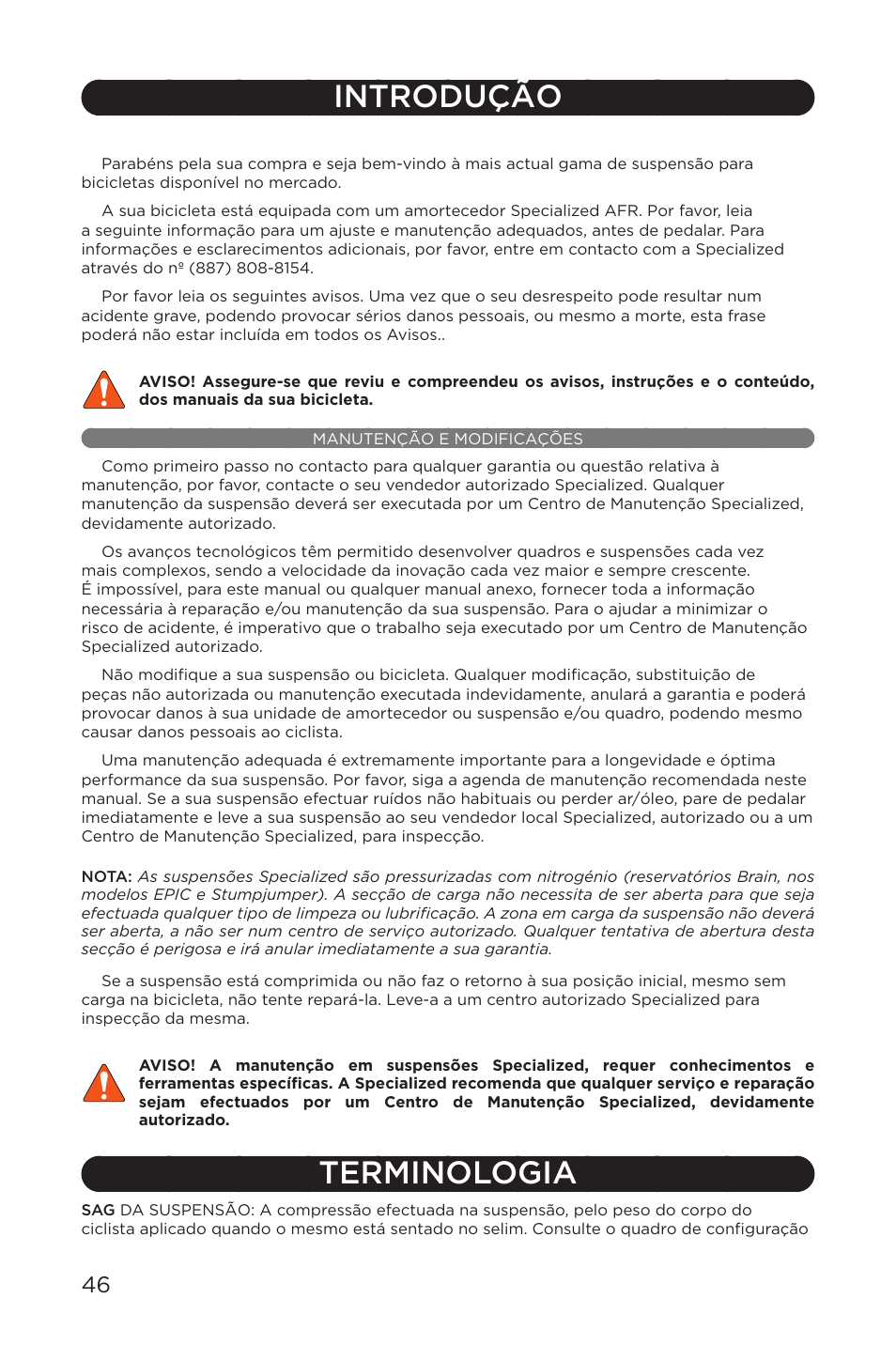 Introdução, Manutenção e modificações, Terminologia | Specialized AFR Rear Shock ENDURO SL User Manual | Page 46 / 72