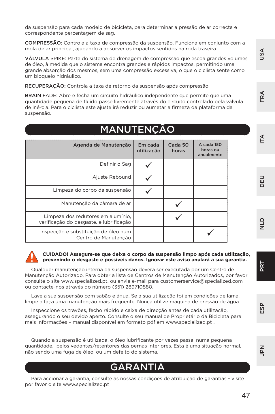 Manutenção, Garantia | Specialized AFR Rear Shock ENDURO SL User Manual | Page 47 / 72