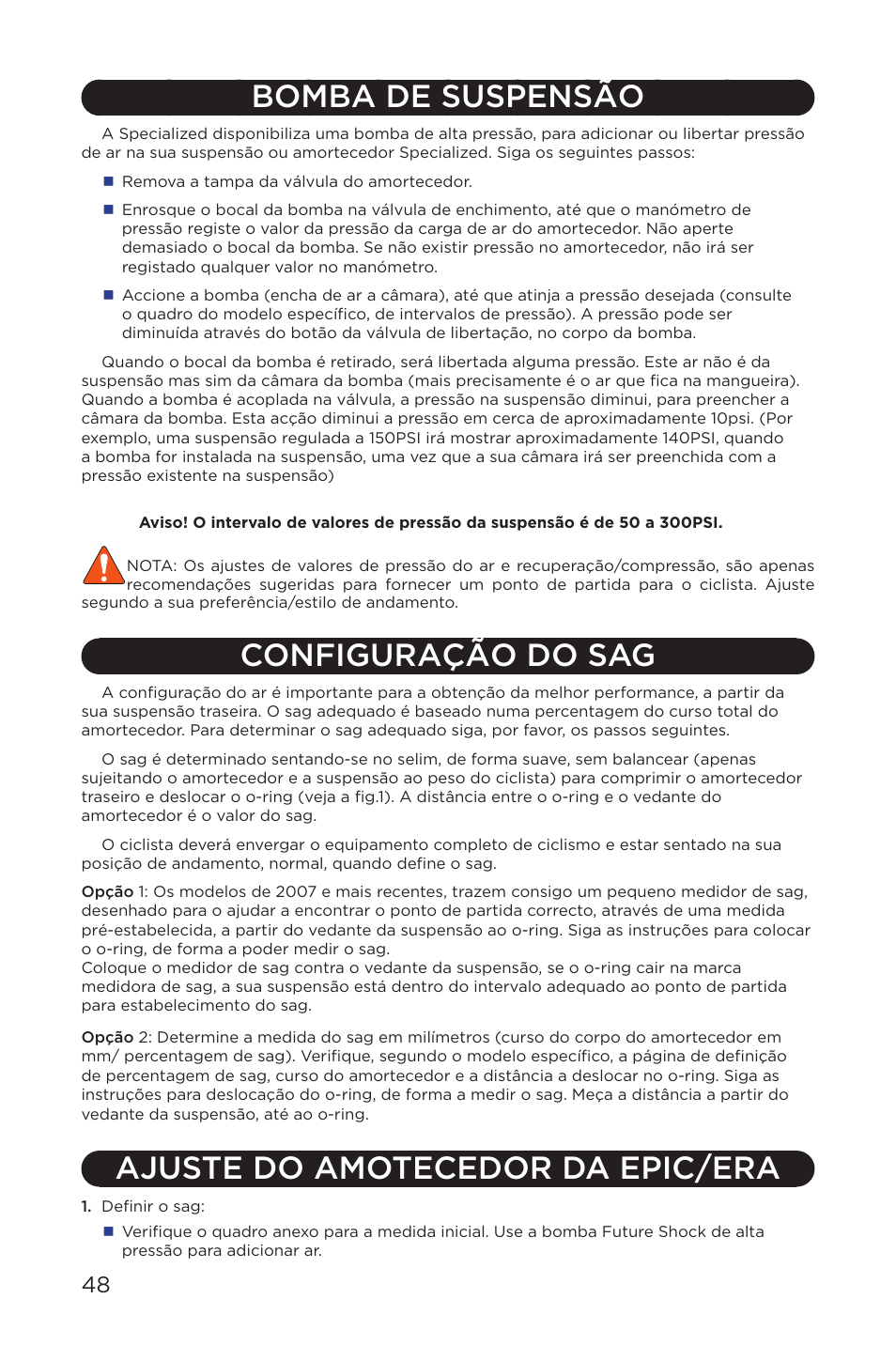 Bomba de suspensão, Configuração do sag, Ajuste do amotecedor da epic/era | Specialized AFR Rear Shock ENDURO SL User Manual | Page 48 / 72