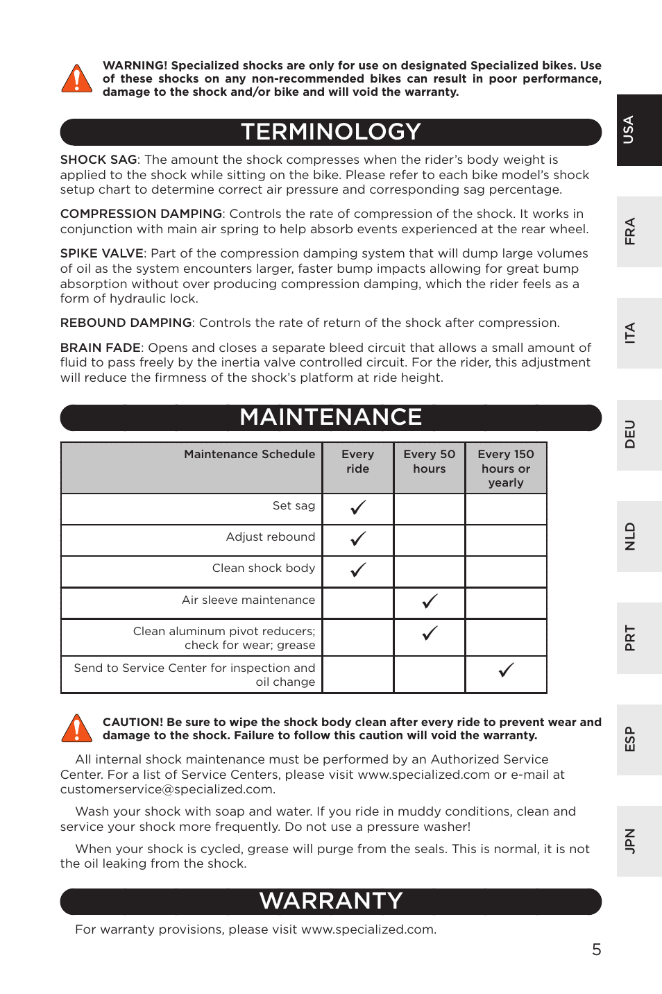 Terminology, Maintenance, Warranty | Specialized AFR Rear Shock ENDURO SL User Manual | Page 5 / 72